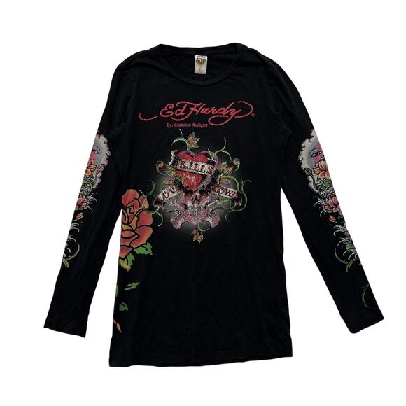 VTG Y2K 00's Ed Hardy Graphic Rhinestone Sleeve Hit Black Long Sleeve T-Shirt L - Picture 1 of 3